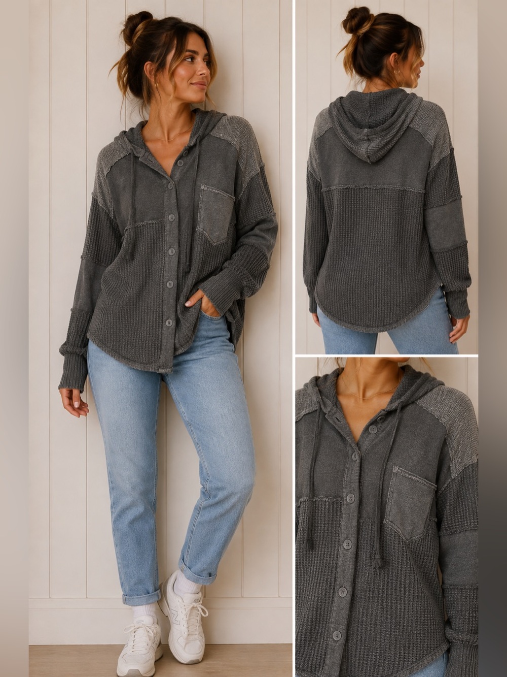 American Eagle Seriously Lived in Mixed Media Waffle Knit Hooded Shirt